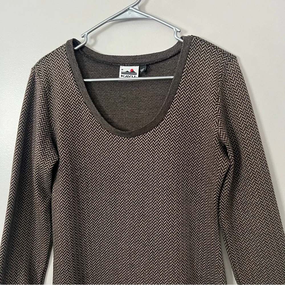Kavu Brown Herringbone Sweater Dress Chevron Medium Elbow Patches Earthy Cozy